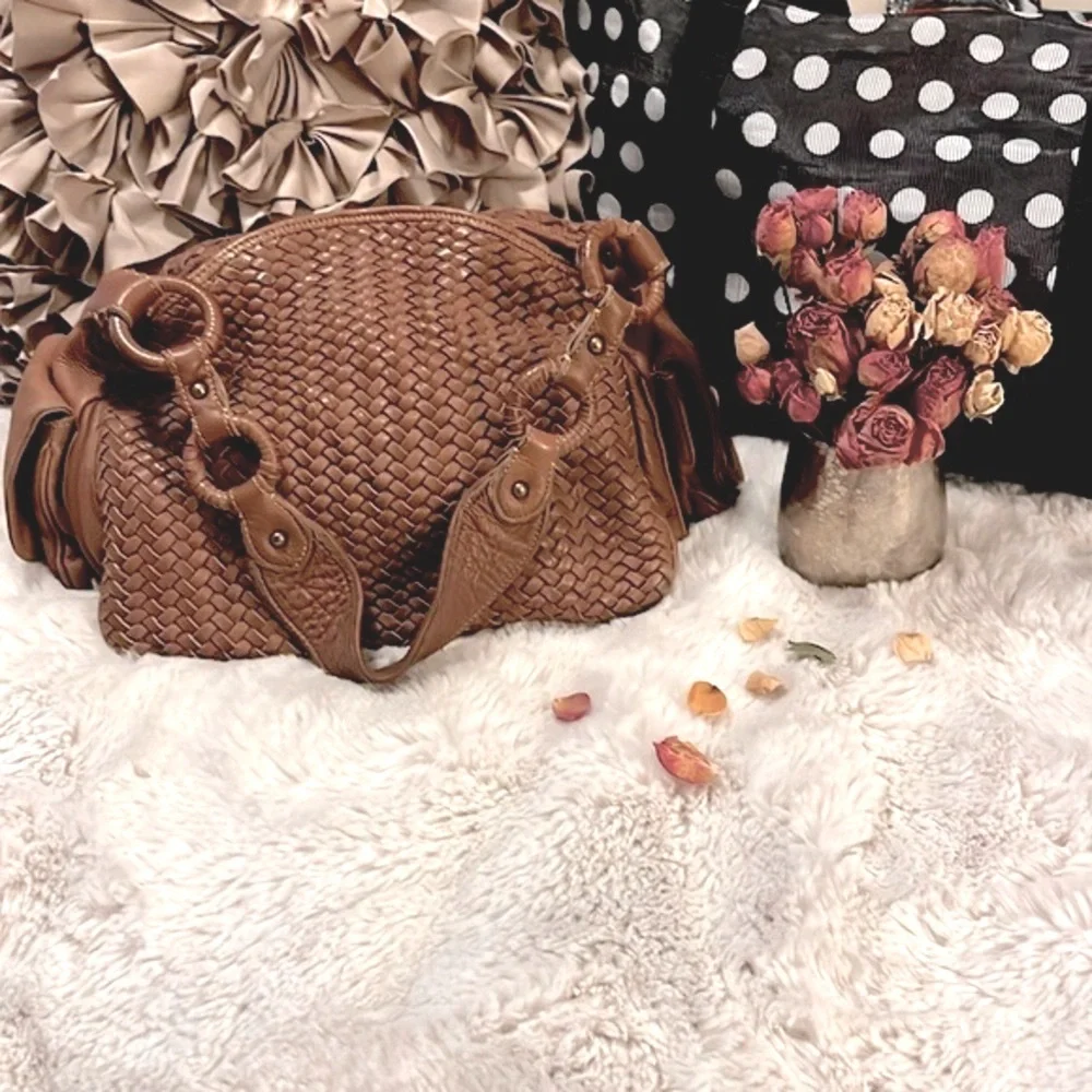 Cole Haan Tan Cognac Brown Neutral Woven Leather Hobo Shoulder Bag Boho Bag